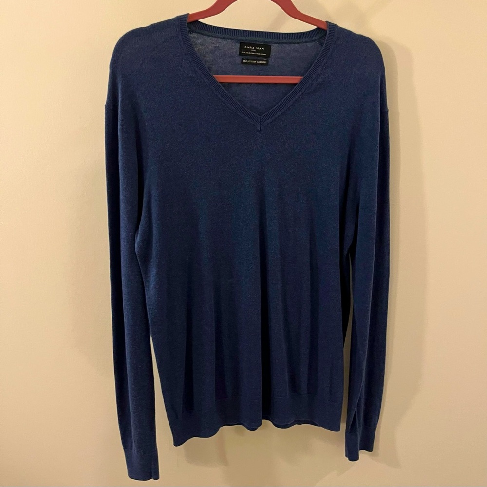 Grey blue long vneck sleeve silk/cotton/cashmere Zara Men’s sweater